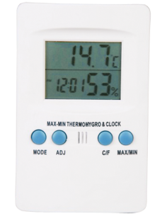 TERMÓMETRO DIGITAL MAX/MIN. CON HIGROMETRO Y RELOJ